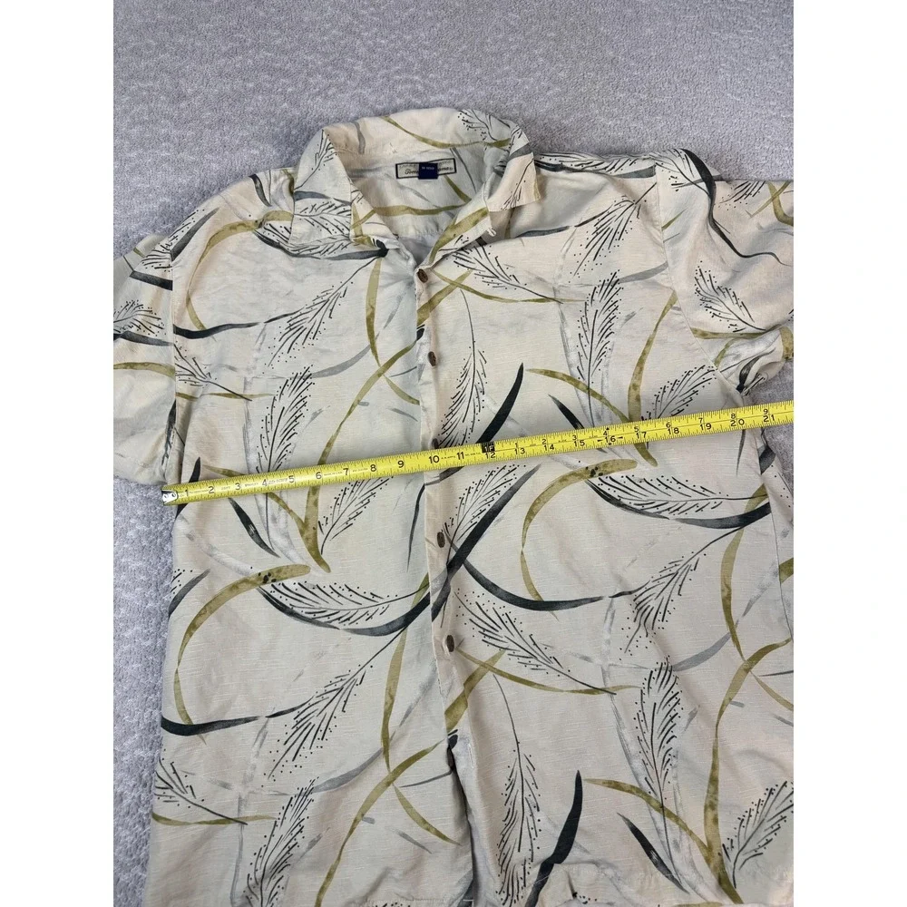 Tommy Bahama Shirt Mens Large Beige Silk Hawaiian Leaf Print Button‎ Up Camp